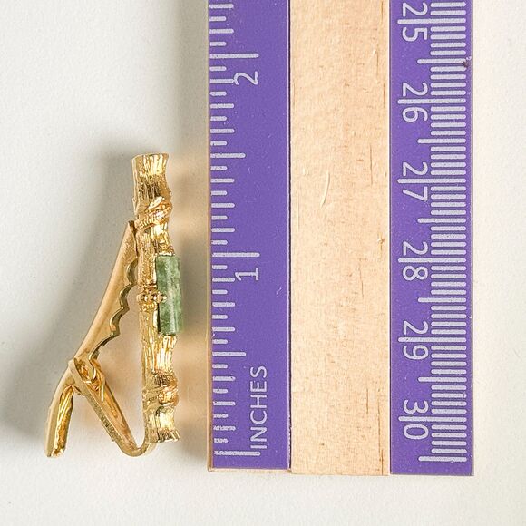 Vintage Jade Cufflinks Tie Clip Set Gold Tone Elegant Wedding Men Bamboo Asian - Picture 14 of 14